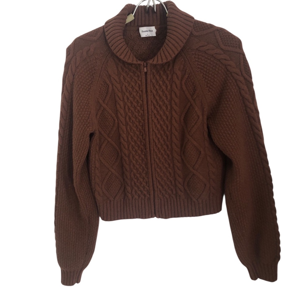Aritzia Sunday Best Women's Cable Knit Zip Cropped Sweater - Reddish Brown